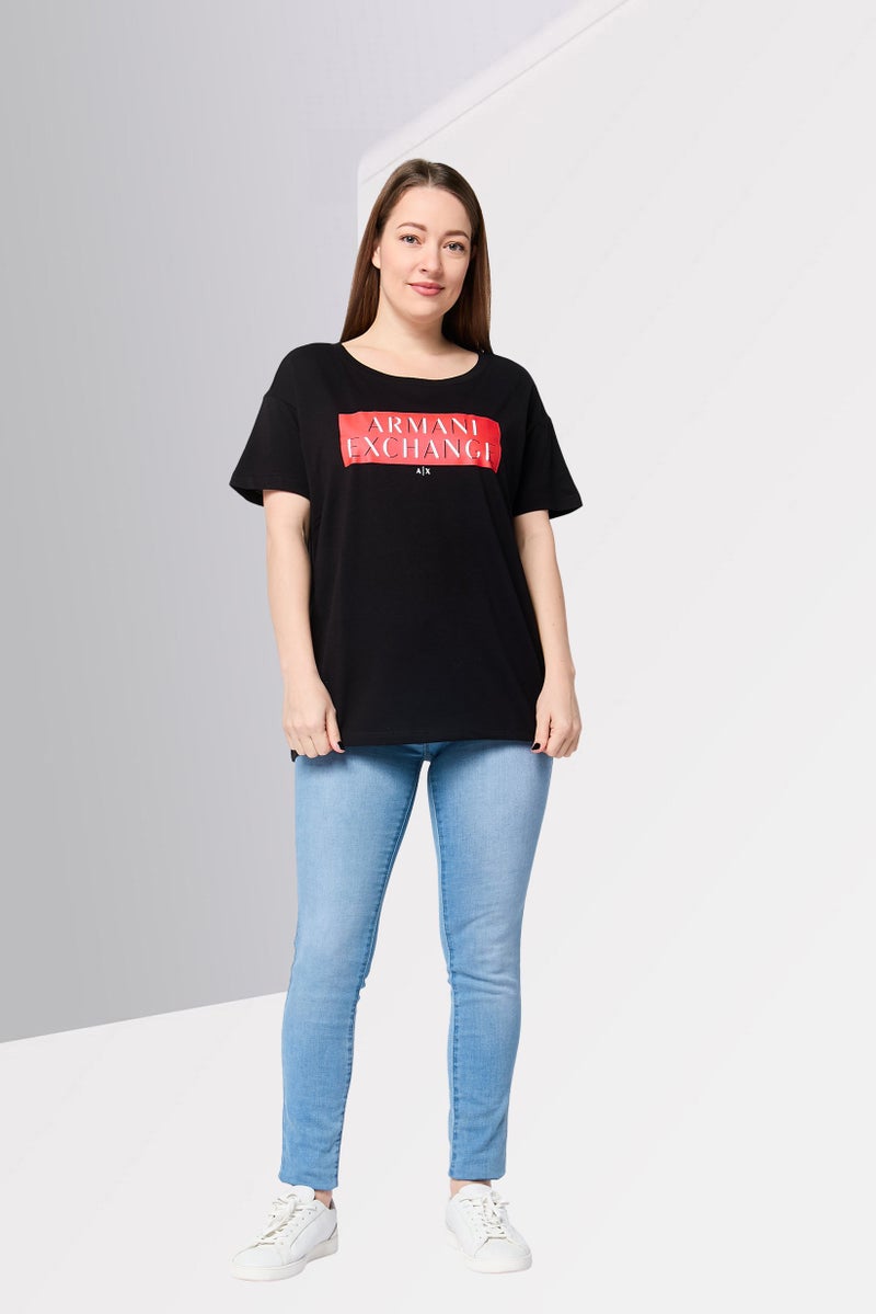 armani A/X Women Crew Neck Short Sleeve Brand Logo T-Shirt, Black - Image 2